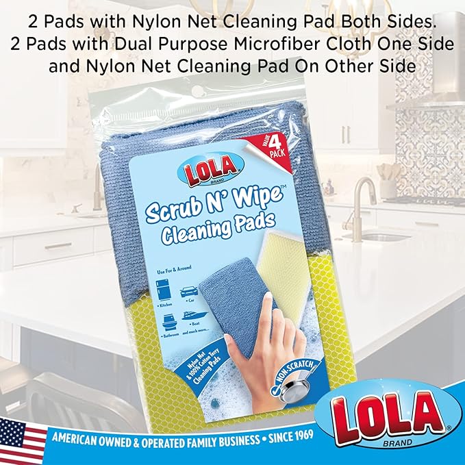 LOLA Microfiber & Nylon Net Sponges, 4 Pack, 2 Dual Sided Non Scratch Sponge Pads & 2 w/Microfiber Cloth One Side and Nylon Net Other Side