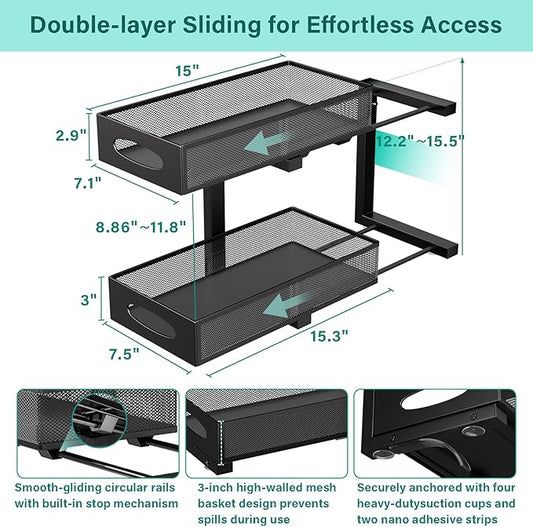 Under Sink Organizer, 2-Pack of 2-Tier Metal Slide Out Pull Out Cabinet Organizer Shelf, Height Adjustable Organization and Storage Series, Bathroom/Desktop/Cabinet/Kitchen Organization, Black