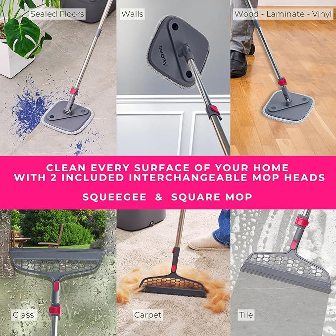 Square Spin Mop & Bucket Smart Floor Mop, Separate Compartments for Clean and Dirty Water, Self Cleaning w/Sweeper Attachment 2025 Upgraded Version w/Side Brush & Self-Standing 360° Rotating Handle