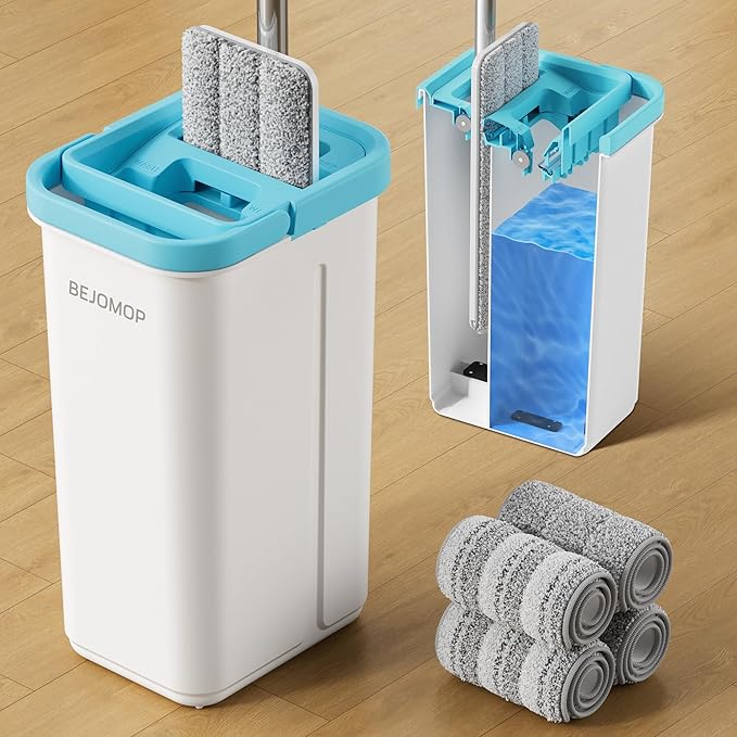 Mop and Bucket Set with Wringer, Dry & Wet Wall Mop Cleaner with Long Handle, Flat Squeeze Spin Dust Mop for Household Floor Cleaning with 4 Microfiber Mops, Turquoise-Cyan