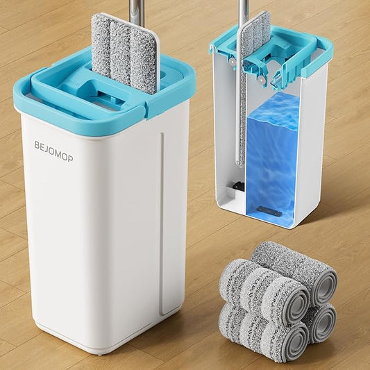 Mop and Bucket Set with Wringer, Dry & Wet Wall Mop Cleaner with Long Handle, Flat Squeeze Spin Dust Mop for Household Floor Cleaning with 4 Microfiber Mops, Turquoise-Cyan