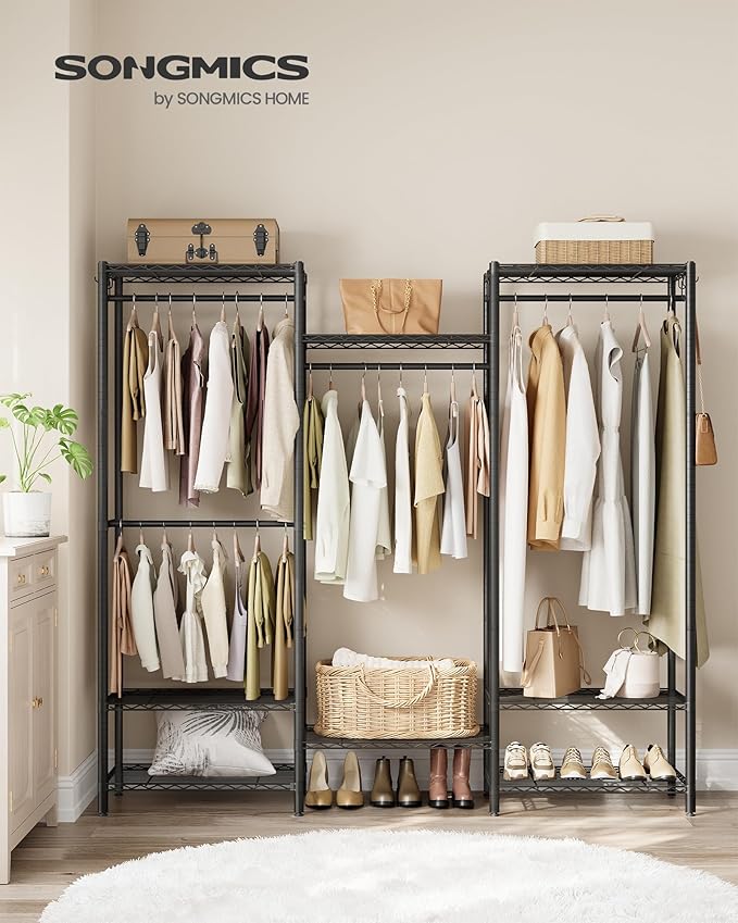 SONGMICS Portable Wardrobe Closet Heavy Duty Clothes Rack, Freestanding Closet Organizer,15.8 x 68.9 x 70.9 inches,Metal Garment Rack with Adjustable Wire Shelves, Dividable, Ink Black ULGR431B01
