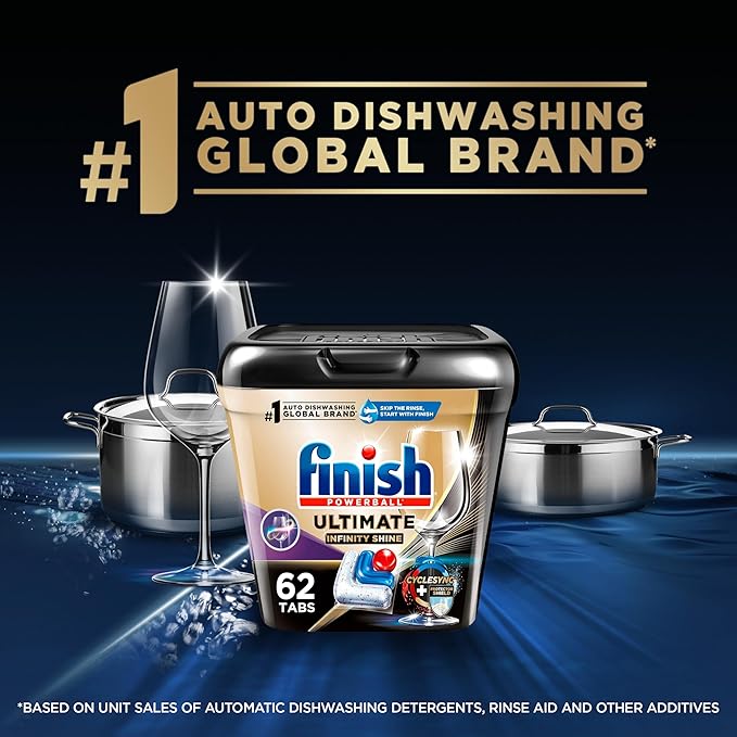 Finish Ultimate Infinity Shine Dishwasher Pods, No Pre-Rinse Dishwasher Detergent Soap Removes Burnt-On Stain, with Protector Shield & CycleSync Technology, Degreasing & Scrubbing Power, 62 Count