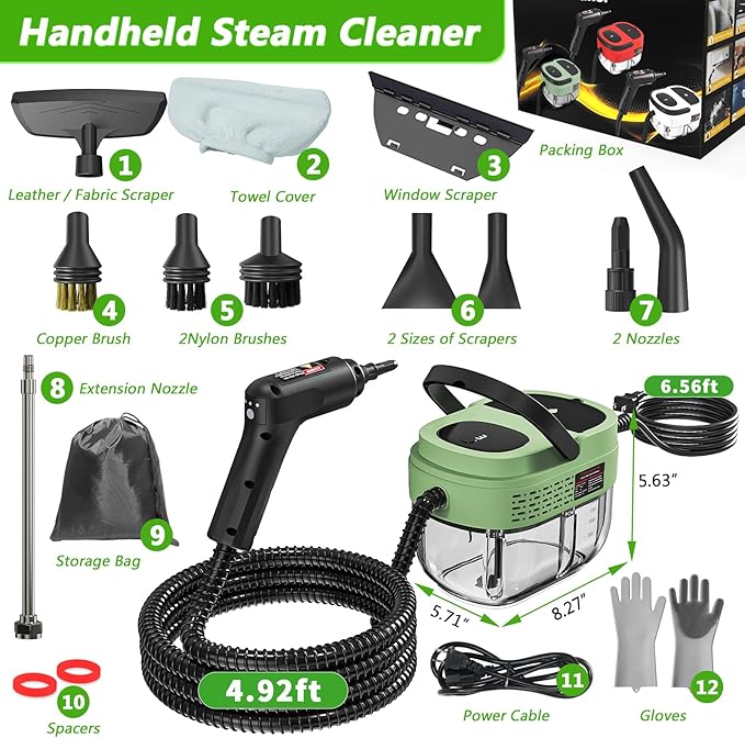 Handheld Steam Cleaner, 2500W High Pressure Steamer for Cleaning, Portable Steam Cleaner with 1.6L Water Tank, 3 Levels Adjustable Handle, Steam Cleaner for Home, Car, Furniture, Bed Bugs (Green)