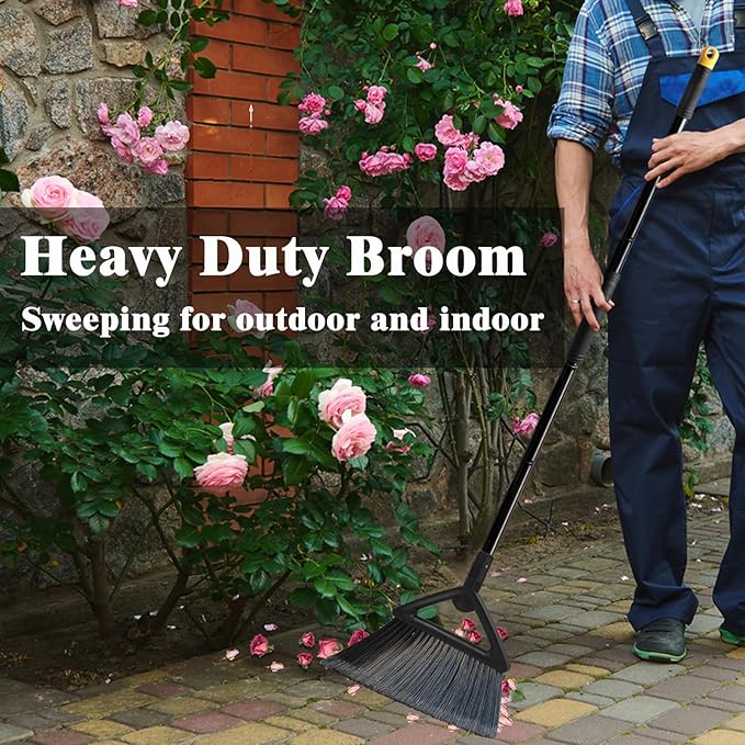 Heavy Duty Commercial Broom, 3 Pack Upgraded Angle Brooms for Sweeping Outdoor and Indoor, Perfect Black Brooms of House, Kitchen, Garage, Courtyard, Concrete