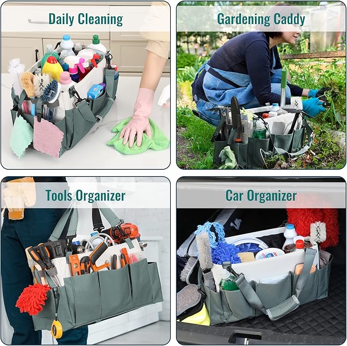 LANDNEOO Cleaning Caddy Organizer with Handle, Wearable Bag for Supplies, Tote Shoulder and Waist Straps, Under Sink Tool Multiple Compartments (Large) (QJB-BLS)
