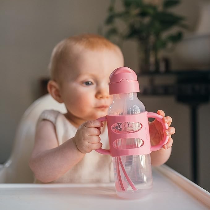 Dr. Brown's Milestones Narrow Sippy Straw Bottle, Spill-Proof with 100% Silicone Handles and Weighted Straw, 8 oz/250 mL, Gray/Pink, 6m+