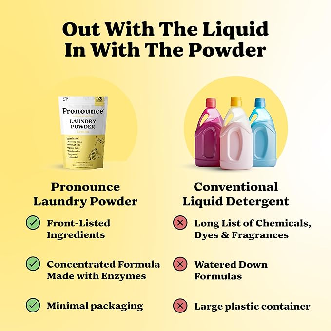 Pronounce Laundry Detergent Powder Alternative | Cleaner Ingredients. Safer for Sensitive Skin. Stain + Smell Fighting. With Essential Oils. HE Safe - 120 Loads (Lemon).