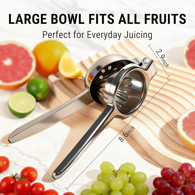 ThermoPro Lemon Lime Squeezer, 304 Stainless Steel Hand Press Citrus Juicer with Grooved Bowl & 8 Filter Holes, Heavy-Duty Hinged Handle, High Juice Yield, Easy to Use & Dishwasher Safe