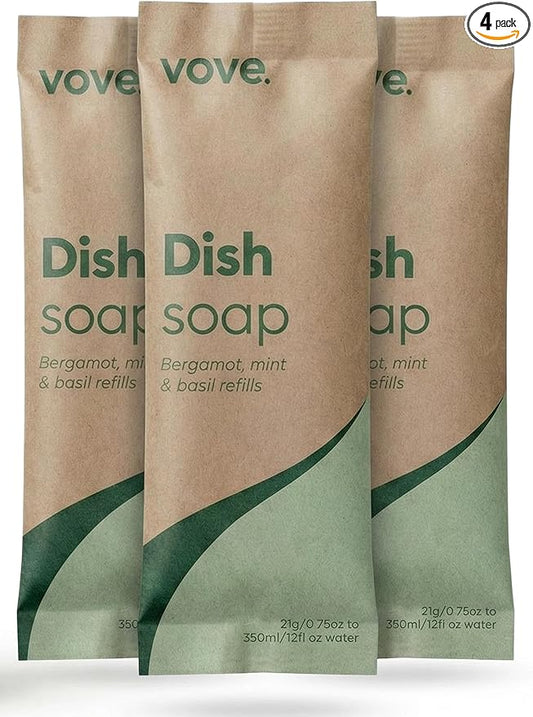 Vove Dish Soap Refills 3-Pack, Bergamot Mint & Basil, Powder-to-Gel Dishwashing Liquid Refill, Plant-Based Concentrated Formula, Grease-Cutting Power, Plastic-Free Compostable Packaging, Essential oil