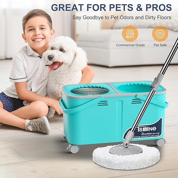 Easy-Use Spin Mop for Cleaner, Controlled Rinsing, Clean & Dirty Water Separation Mop Bucket for Pet & Family Homes,360° Swivel Wheels, Safe for Hardwood & Tile, Adjustable Handle,6 Reusable Mop Heads