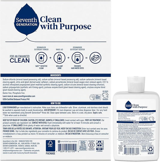 Seventh Generation Dishwasher Detergent Powder 2-Pack + Rinse Aid, Free & Clear, Biodegradable, Plant-Based & Fragrance-Free, Septic Safe
