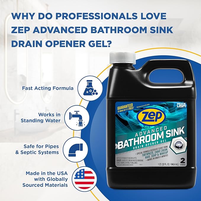 Zep Advanced Bathroom Sink Drain Opener Gel - 32 oz - U49310 - Formulated for Toothpaste, Shave Cream, Hair, Soap and Makeup (32 oz, 12)