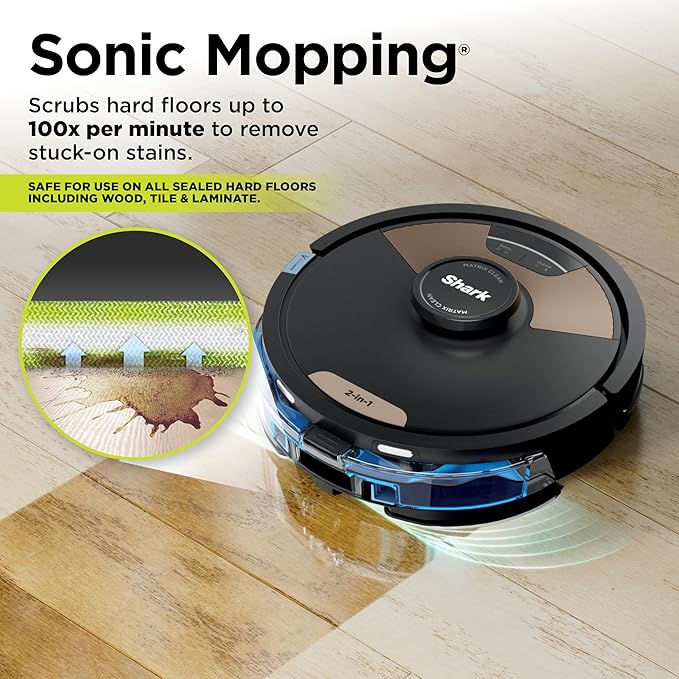 Shark Matrix Plus 2in1 Robot Vacuum & Mop with Sonic Mopping, Matrix Clean, Home Mapping, HEPA Bagless Self Empty Base, CleanEdge, for Pet Hair, WiFi, Compatible with Alexa, Black/Gold (AV2613WA)