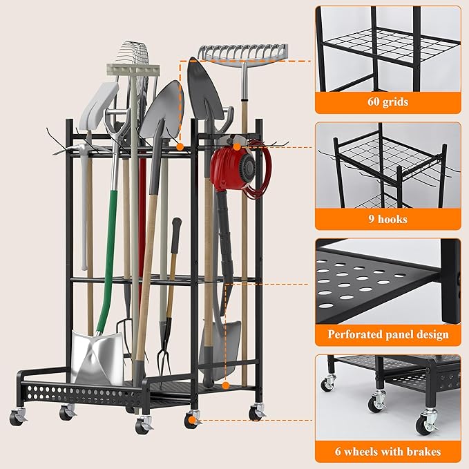 Garden Tool Organizer with Wheels, Heavy-Duty Steel Garage Tool Storage Rack, 360° Rotating Yard Tool Stand for Long-Handled Tools, Lawn Tool Holder for Shovels Rakes Mops Brooms