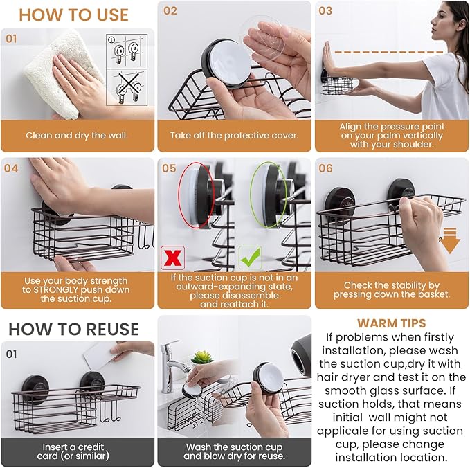 LEVERLOC Shower Caddy Suction Cup, 2 Pack Shelves for Inside with Hooks and Soap organizer, NO-Drilling Bathroom Holder, Rustproof Meatl Bathroom Basket, Brown