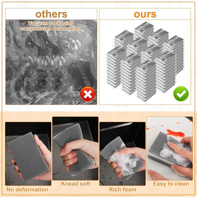 200 Pcs Individually Wrapped Sponges, Uncompressed Non Scratch Scrouing Sponges for Household Cleaning Dishes Kitchen Airbnb Apartment Car Bike Gray