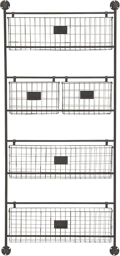 Deco 79 Metal Tall Wire 5 Slot Magazine Rack Holder with Suspended Baskets and Label Slots, 27" x 5" x 61", Black