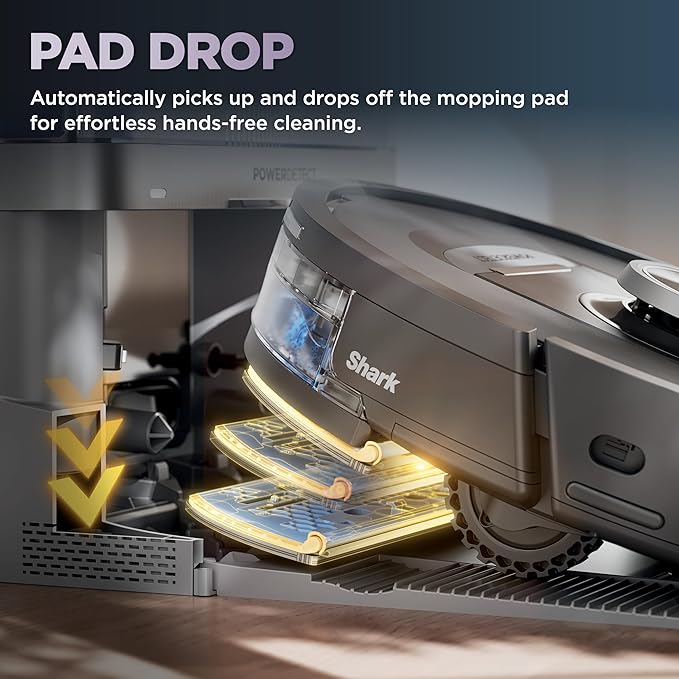 Shark Robot Vacuum & Mop Combo, NeverTouch System, Self-Emptying and Refilling, for Wood, 60-Day Debris Capacity, 30-Tank Reservoir, Pad Drying, 5 Intelligent Cleaning Technologies, RV2820YE