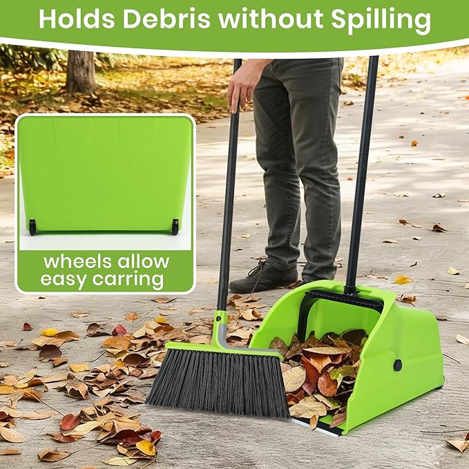 (3PK) Jumbo Commercial Broom and Dustpan Set with Large Standing Scoop Dustpan and Heavy Duty Broom, Long Handle, for Indoor/Outdoor Floor Cleaning, Janitor Supplies