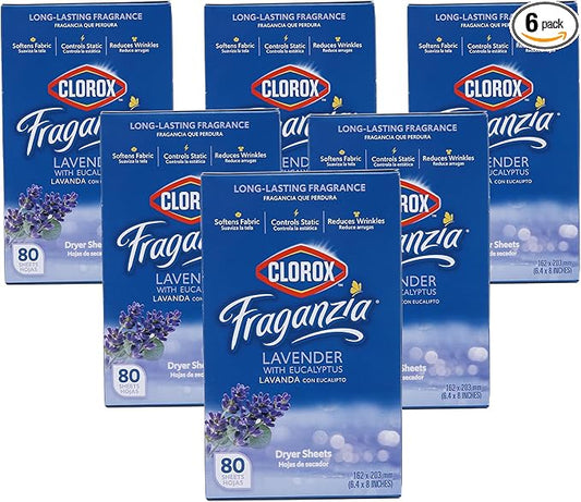 Clorox Fraganzia Fabric Softener Dryer Sheets, Lavender Scent - Wrinkle Reducing Scented Softening Laundry Dryer Sheets for Great Smelling Clothes, 80 Count - 6 Pack