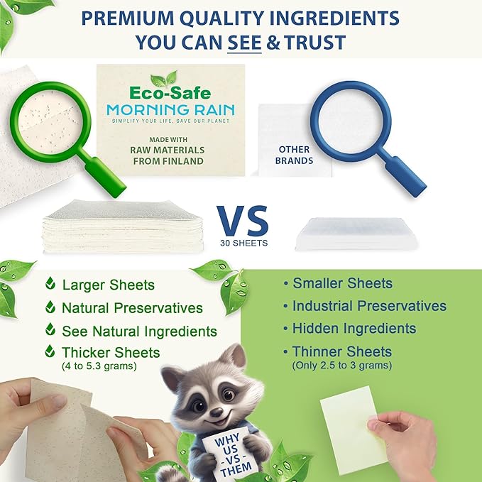 MorningRain Eco-Safe Laundry Detergent Sheets - Ingredients from Finland, Natural Scent, Bio-Enzyme Formula, Power clean, 30 Sheets (Up to 60 Loads) - Non-Toxic, Preservative-Free, Designed in USA