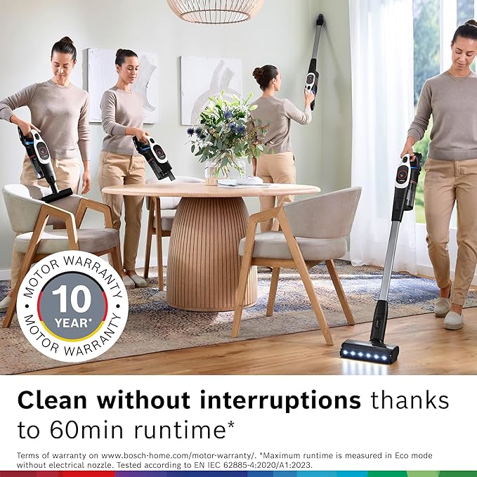 Bosch Unlimited 9 Cordless Stick Vacuum, Up to 60-min Runtime, MicroClean Technology, >99.9% Dust Pickup, Dust Compression, HEPA Filter, Pet Hair, Carpets & Hard Floors, 3 Accessories, White