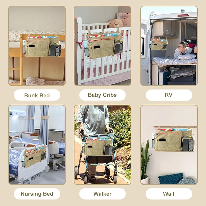 Surblue Bedside Caddy Hanging Bed Organizer Storage Bag Pocket for Bunk and Hospital Beds, College Dorm Rooms Baby Bed Rails, Camp 8 Pockets, (Large, Linen)
