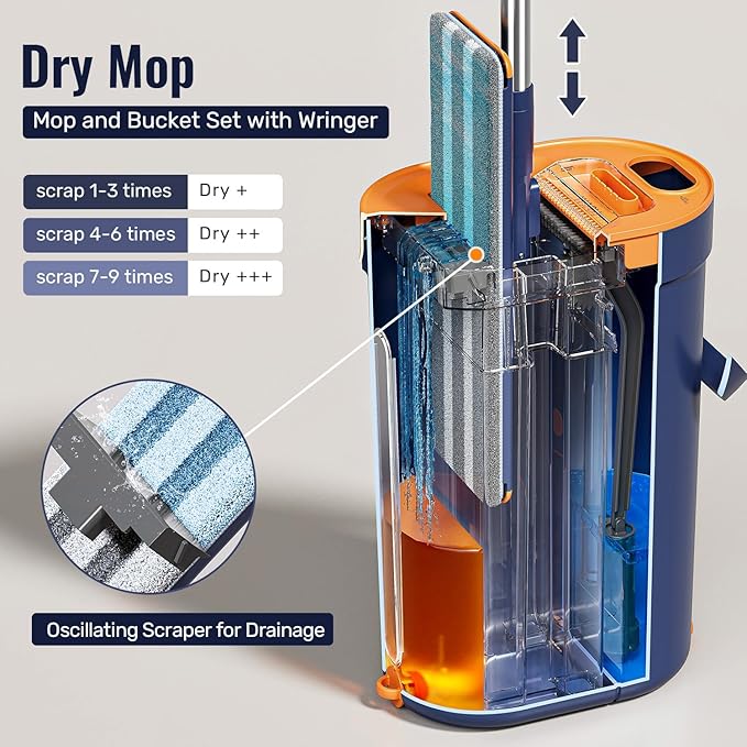 Mop and Bucket Set with Wringer, 3-Tank Flat Mop and Bucket System, Wall Mop Cleaner with Long Handle, Hands Free Mops for Floor Cleaning with 8 Microfiber Pads