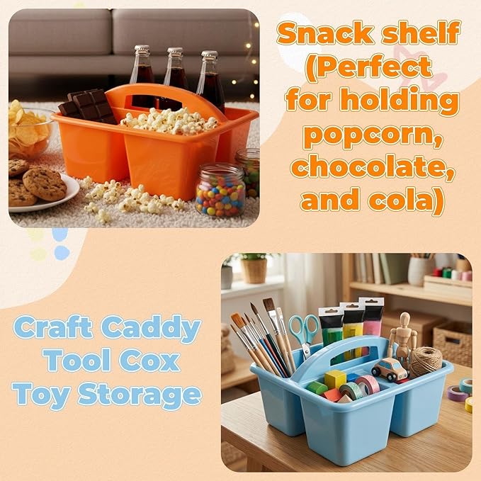 Kathfly 4 Pack Caddy Organizer with Handle, Stackable Organization Storage, Small Plastic Basket Classroom Caddy for Table Desk Office Pencil Kids Room Craft Art Teacher School Supplies (Blue Orange)