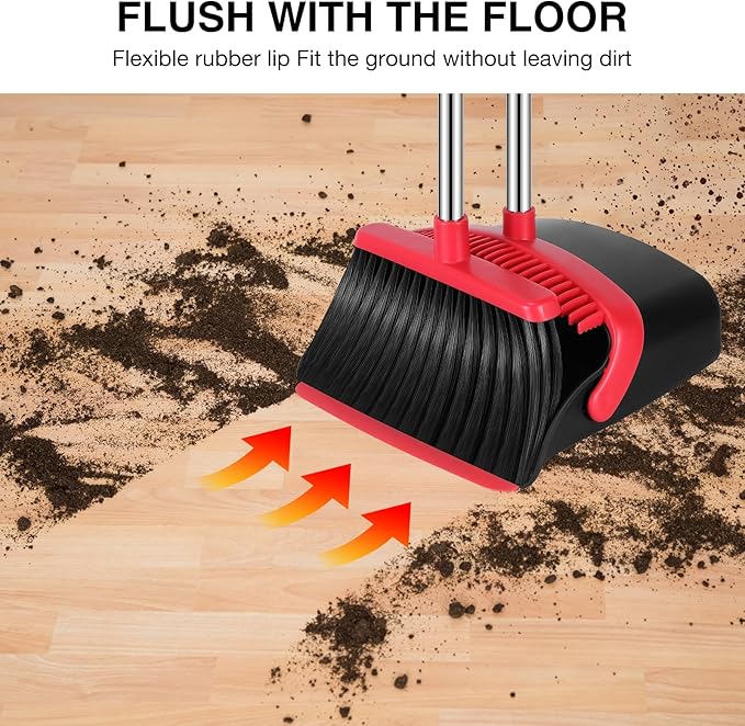 NACENA Broom and Dustpan Set, 52-in Long Adjustable Handle Broom Dustpan Combo with Dustpan Teeth to Automatically Clean Hair Suitable for Home Kitchen Office Hall Floor（Black&Red）