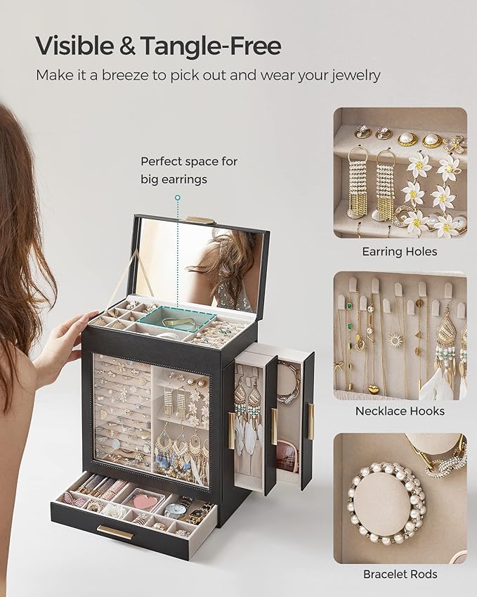 SONGMICS Jewelry Box with Glass Window, 5-Layer Jewelry Organizer with 3 Side Drawers, Jewelry Storage, with Big Mirror, Modern, 6.1 x 10.3 x 12.6 Inches, Ink Black and Metallic Gold UJBC162B02