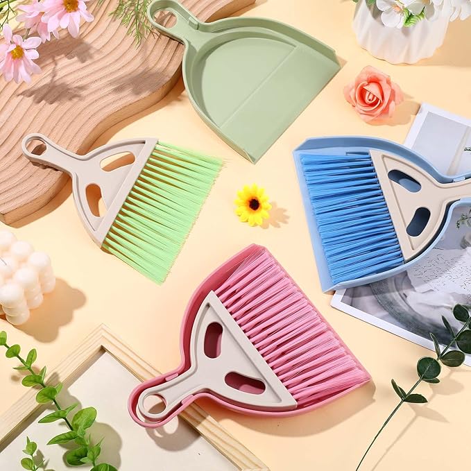 9 Pack Mini Dust Pan and Brush Set, Small Hand Broom and Dustpan Set with Handle - 3 Colors Plastic Cleaning Tools for Desk, Table, Keyboard, Car, Pet Food Crumbs