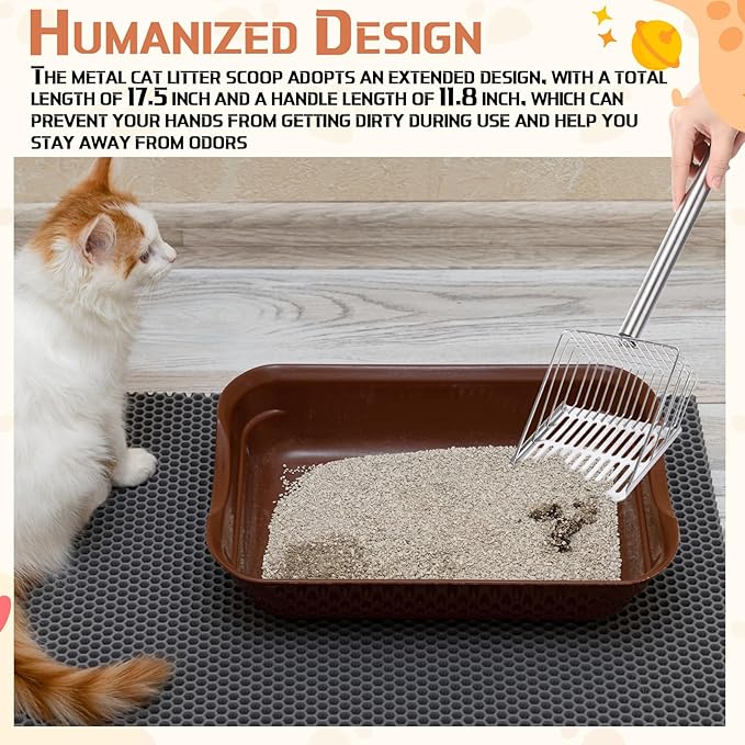 Tioncy Metal Cat Litter Scoop with Holder 17.5 Inch Long Handle Cat Scooper for Litter Box Deep Cat Fast Sifter Shovel Stainless Steel Cat Litter Sifter Scoop Pet Scooper for Kitten Cat Dog Poop