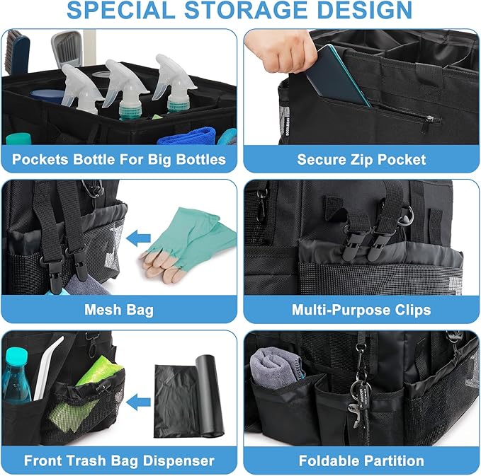 Large Cleaning Caddy Tote Bag with 4 Foldable Dividers Sturdy Support Board, Waterproof Cleaning Tools Organizer with Adjustable Shoulder Strap Waist Belt for Housekeepers, Cleaners Professional Use