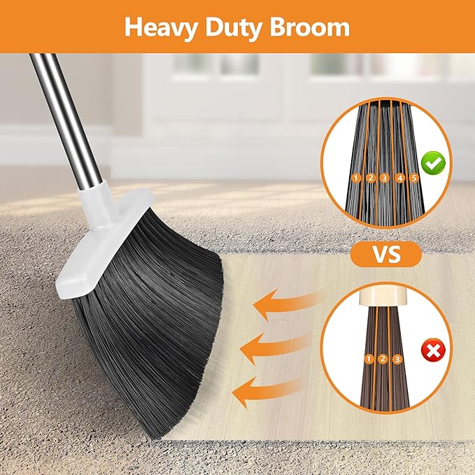 Broom and Dustpan Set, Heavy Duty Dust Pan with Long Handle 51 Inch Broom with Dustpan Combo Set Upright Self-Cleaning Dust Pan Home Kitchen Lobby Indoor Outdoor Sweeping Cleaning Tool - Gray
