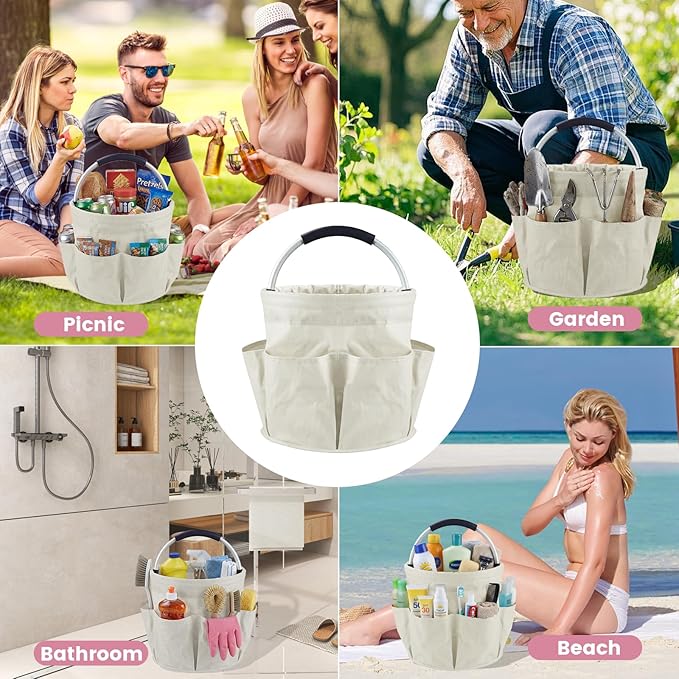 Cleaning Caddy with Handle and 6 Pockets, 17L Cleaning Supplies Organizer, 600D Oxford Fabric Storage Basket, Multifunctional Bucket Bag for Picnics, Camping, Gardening, Bathing (Off-White)