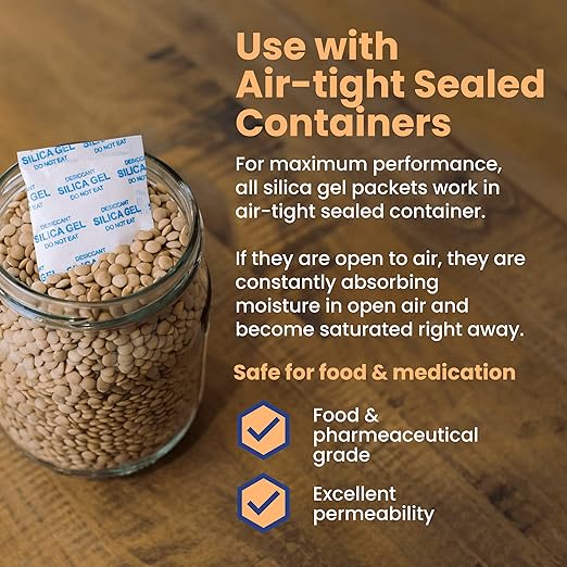 Wallaby 5 gram (20 Packets) Food Safe Pure White Silica Gel Desiccant Dehumidifier Packs - Rechargeable & Coated Moisture Absorbers - Protects Against Moisture Damage - (Packed in 10x Sets of 2)