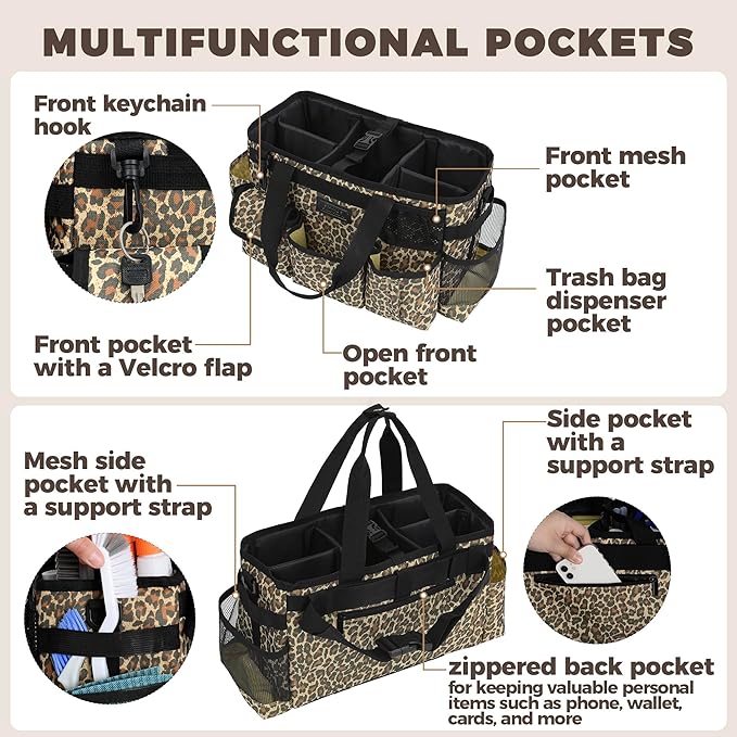 Storage Standard Cleaning Caddy Organizer with Handle - Small Cleaning Caddy Supplies Bag with Shoulder & Waist Strap - Cleaning Supplies Organizer with Cleaning Cloth - Leopard