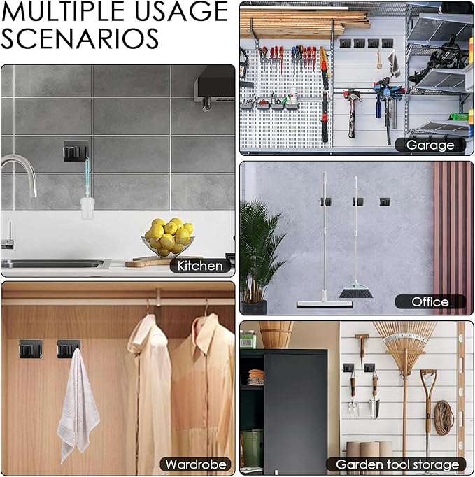 4 Pack Mop Broom Holder Wall Mounted, Stainless Steel Mop Broom Organizer with Hooks Hanger, No Drilling Self Adhesive Mop Handle Hanger for Kitchen Garage Office
