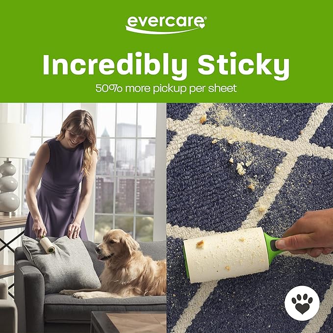 Evercare Giant Extreme Stick Lint Roller Brushes with 60 Easy-Peel Sheets, Pack of 5 Refillable Lint Rollers for Hair and Debris (300 Sheets Total)