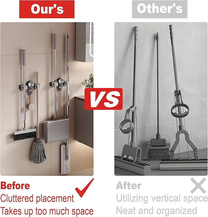 4 Pack Broom Holder Mop Hanger Wall Mount, No Drill Suction Cup Mop and Broom Organizer with Hooks, Space Saving Adjustable Rack Removable Mop Clip for Bathroom, Kitchen, Garage, Laundry Room