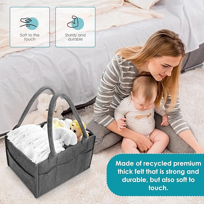 Cute Castle 2 Pack Diaper Caddy Organizer - Portable Baby Caddy Organizer with Handle, Nursery Storage Bin and Car Organizer for Girls, Boys - Baby Gift Basket - Dark Grey, Large