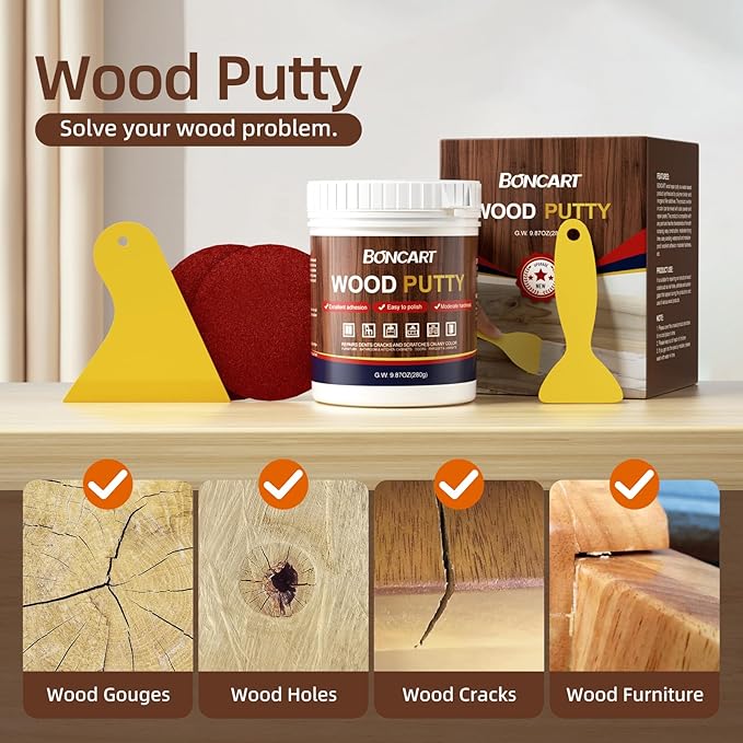 Wood Filler - Ebony, Paintable, Stainable, Sandable. Quickly Repair Holes, Cracks, Chips, Damage, and Scorched Wooden Furniture