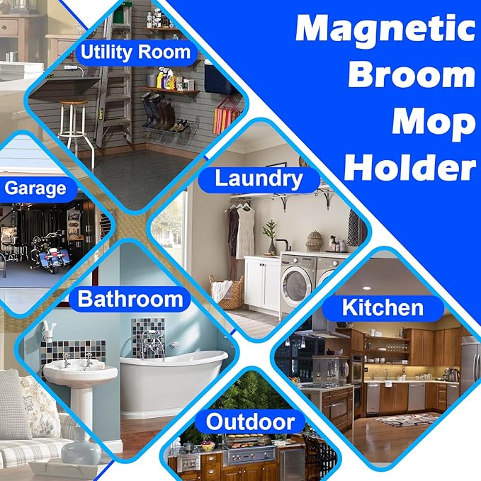Strong Magnetic Mop Broom Holder, 1 Set Heavy Duty Magnetic Mop Hanger with 4 Hooks, Magnet Tool Hanger Wall Mount Storage Rack Organize System for Refrigerators Workshop Laundry Garage Kitchen