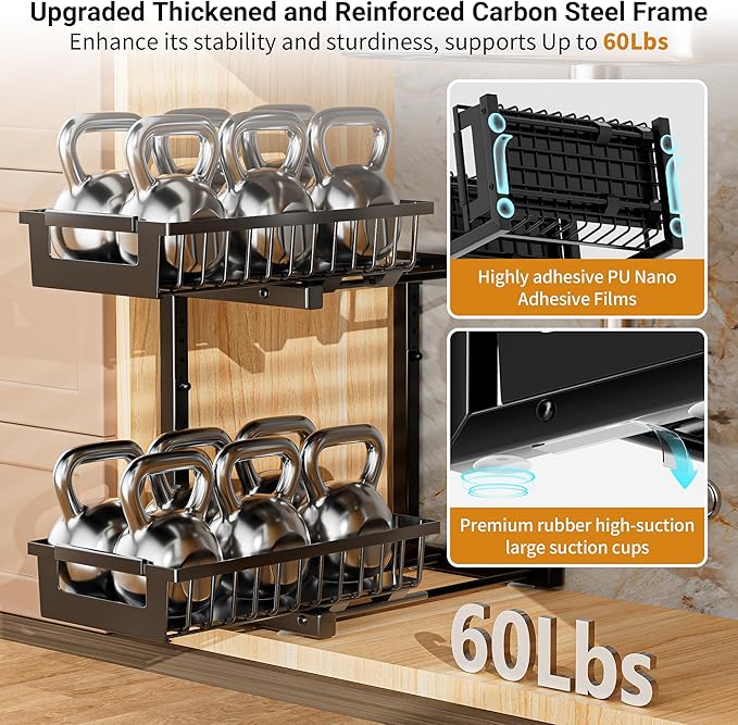 Under Sink Organizer 2 Pack, 2 Tier Adjustable Height Reinforced Carbon Steel Under Kitchen Bathroom Sink Storage Organizer, Smooth Pull-out Under Sink Cabinet Rack Drawer Organizer, Black