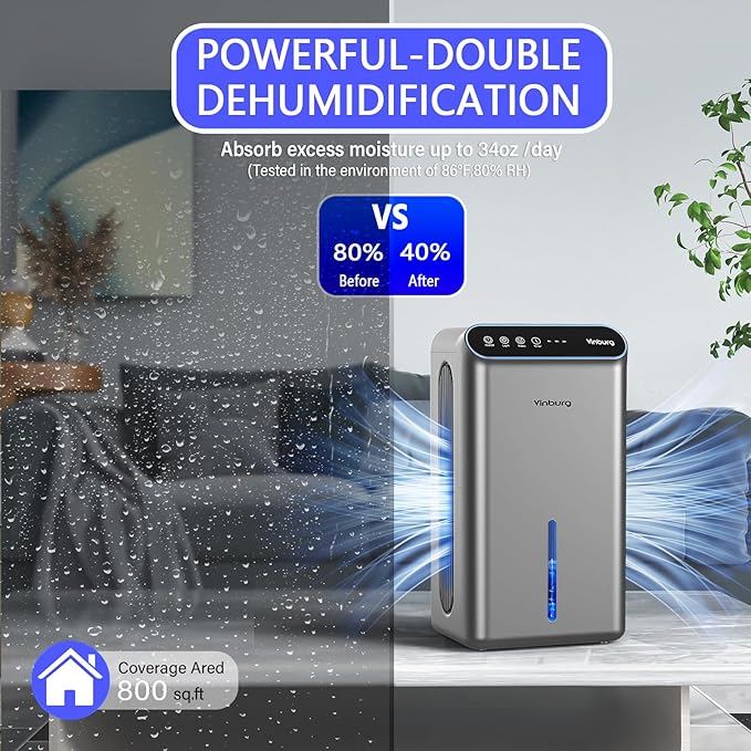 Dehumidifiers for Home (85 OZ Water Tank, 800 sq.ft) Quiet Small Dehumidifier for Basement Bedroom Bathroom with Drain Hose, 3 Gear Timer, Sleep Mode, Auto Shut Off, 7 Color Ambient Light