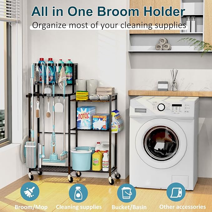 Broom Holder with Cleaning Supplies Organizer, Cleaning Cart with Broom Hanger, Broom and Mop Holder with Wheels,11 Mop Hanger Grippers & 6 Hooks, Broom Organizer for Laundry, Garage, Tool Room