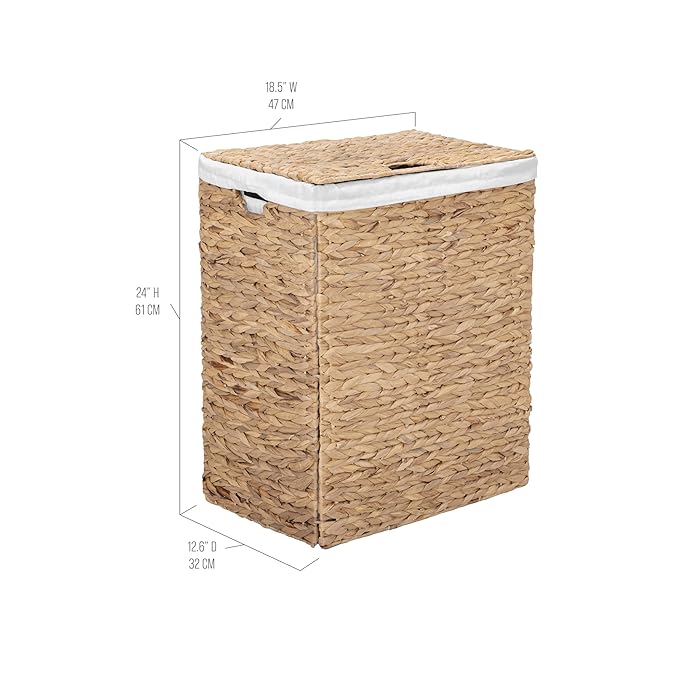 Seville Classics Premium Natural Handwoven Portable Laundry Bin Basket with Carrying Handles, Natural Water Hyacinth, Rectangular, Volume: 2.5 bushels or 3.1 cu. ft, 18.5" W x 12.2" D x 24" H