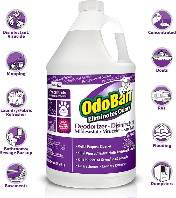 OdoBan Professional Disinfectant and smell Eliminator Concentrate, 6-Pack, 1 Gallon Each, Lavender Scent
